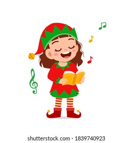 happy cute little kid boy and girl wearing green elf christmas costume and sing a song