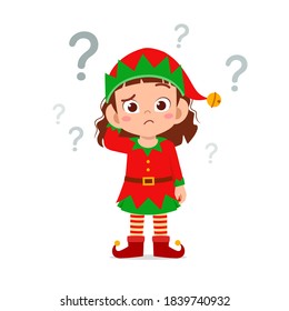 happy cute little kid boy and girl wearing green elf christmas costume and thinking
