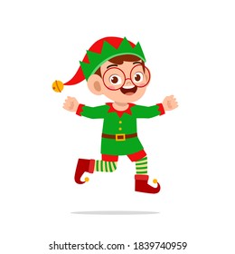 happy cute little kid boy and girl wearing green elf christmas costume