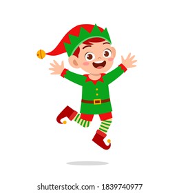 happy cute little kid boy and girl wearing green elf christmas costume