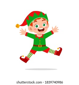 happy cute little kid boy and girl wearing green elf christmas costume