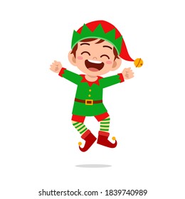 happy cute little kid boy and girl wearing green elf christmas costume