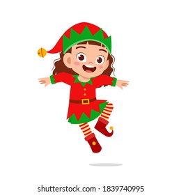 happy cute little kid boy and girl wearing green elf christmas costume