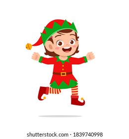 happy cute little kid boy and girl wearing green elf christmas costume