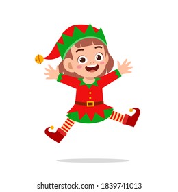 happy cute little kid boy and girl wearing green elf christmas costume