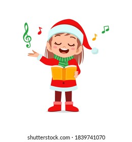 happy cute little kid boy and girl wearing red christmas costume and sing a song