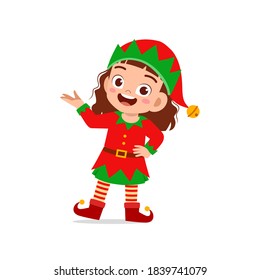 happy cute little kid boy and girl wearing green elf christmas costume