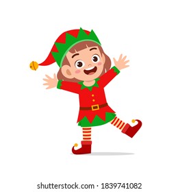 happy cute little kid boy and girl wearing green elf christmas costume