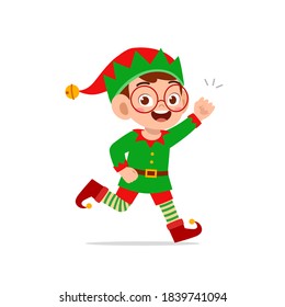 happy cute little kid boy and girl wearing green elf christmas costume