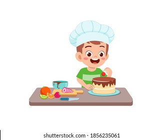 happy cute little kid boy and girl wear chef uniform and cooking a birthday cake