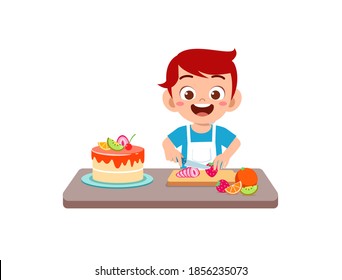 happy cute little kid boy and girl cooking a birthday cake