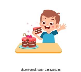 Happy Cute Little Kid Boy And Girl Eat A Birthday Cake