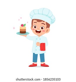 happy cute little kid boy and girl wear chef uniform and cooking a birthday cake