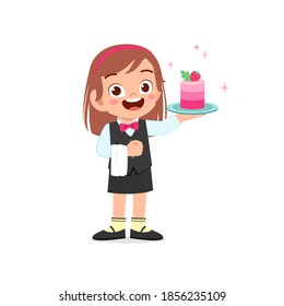 happy cute little kid boy and girl waring waiter uniform and holding birthday cake