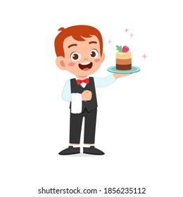 happy cute little kid boy and girl waring waiter uniform and holding birthday cake