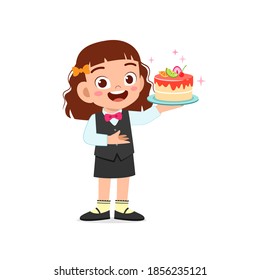 happy cute little kid boy and girl waring waiter uniform and holding birthday cake