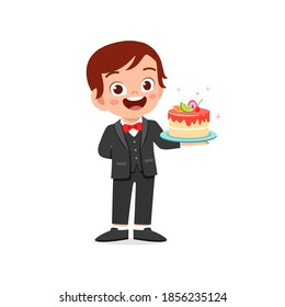 happy cute little kid boy and girl waring waiter uniform and holding birthday cake