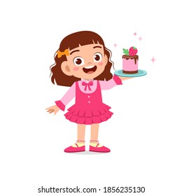 happy cute little kid boy and girl waring waiter uniform and holding birthday cake