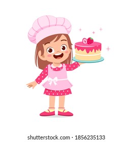 happy cute little kid boy and girl wear chef uniform and cooking a birthday cake