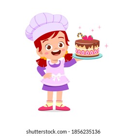 happy cute little kid boy and girl wear chef uniform and cooking a birthday cake