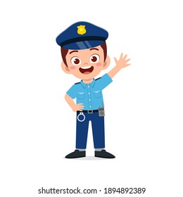 happy cute little kid boy wearing police uniform