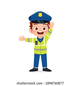 happy cute little kid boy wearing police uniform and manage traffic