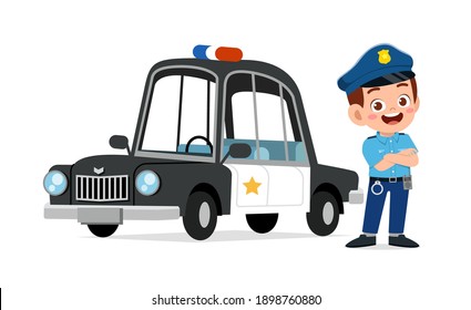 happy cute little kid boy wearing police uniform and stand beside car