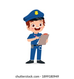 happy cute little kid boy wearing police uniform