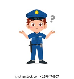 happy cute little kid boy wearing police uniform and thinking with question mark