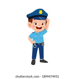 happy cute little kid boy wearing police uniform