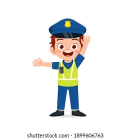 happy cute little kid boy wearing police uniform and manage traffic