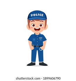 happy cute little kid boy wearing police uniform