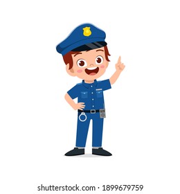 happy cute little kid boy wearing police uniform