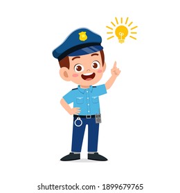 happy cute little kid boy wearing police uniform and thinking with light bulb sign