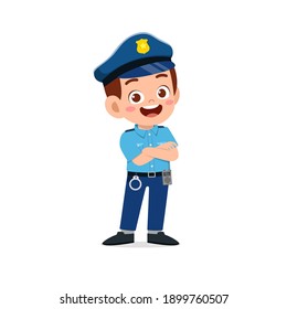 happy cute little kid boy wearing police uniform