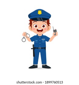 happy cute little kid boy wearing police uniform