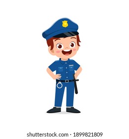 happy cute little kid boy wearing police uniform