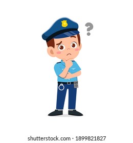 happy cute little kid boy wearing police uniform and thinking with question mark
