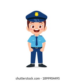 happy cute little kid boy wearing police uniform