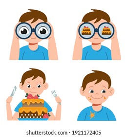 Happy cute little kid boy with binoculars is seeing a strawberry cake and going to eat this with knife and fork. Vector flat cartoon illustration