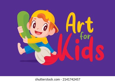 Happy cute little kid boy holding big art brush with custom title illustration