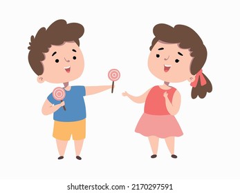 happy cute little kid boy and girl sharing food to friend