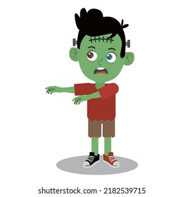 happy cute little kid boy celebrate halloween wears frankenstein monster costume.