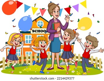 happy cute little kid boy and girl with teacher.teacher and student go to school vector illustration