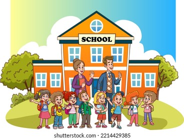 happy cute little kid boy and girl with teacher.teacher and student go to school vector illustration