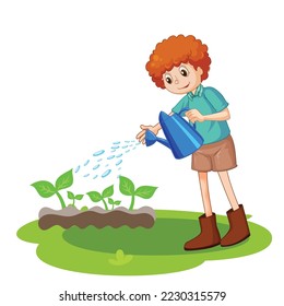 glücklicher kleiner Junge, der Pflanzen bewässert, Vektorgrafik. Cute Cartoon Boy mit Wasserkocher Dose. Junge Junge, der im Garten arbeitet. Frühlingsgarten. Garden Watering Vektorgrafik.