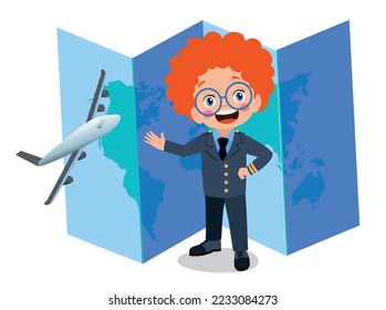 happy cute little kid boy wearing pilot uniform and world map