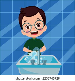 happy cute little kid boy wash hand in sink