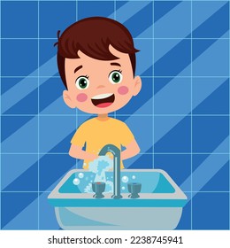 happy cute little kid boy wash hand in sink