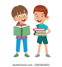 happy cute little kid boy and girl carry pile of books